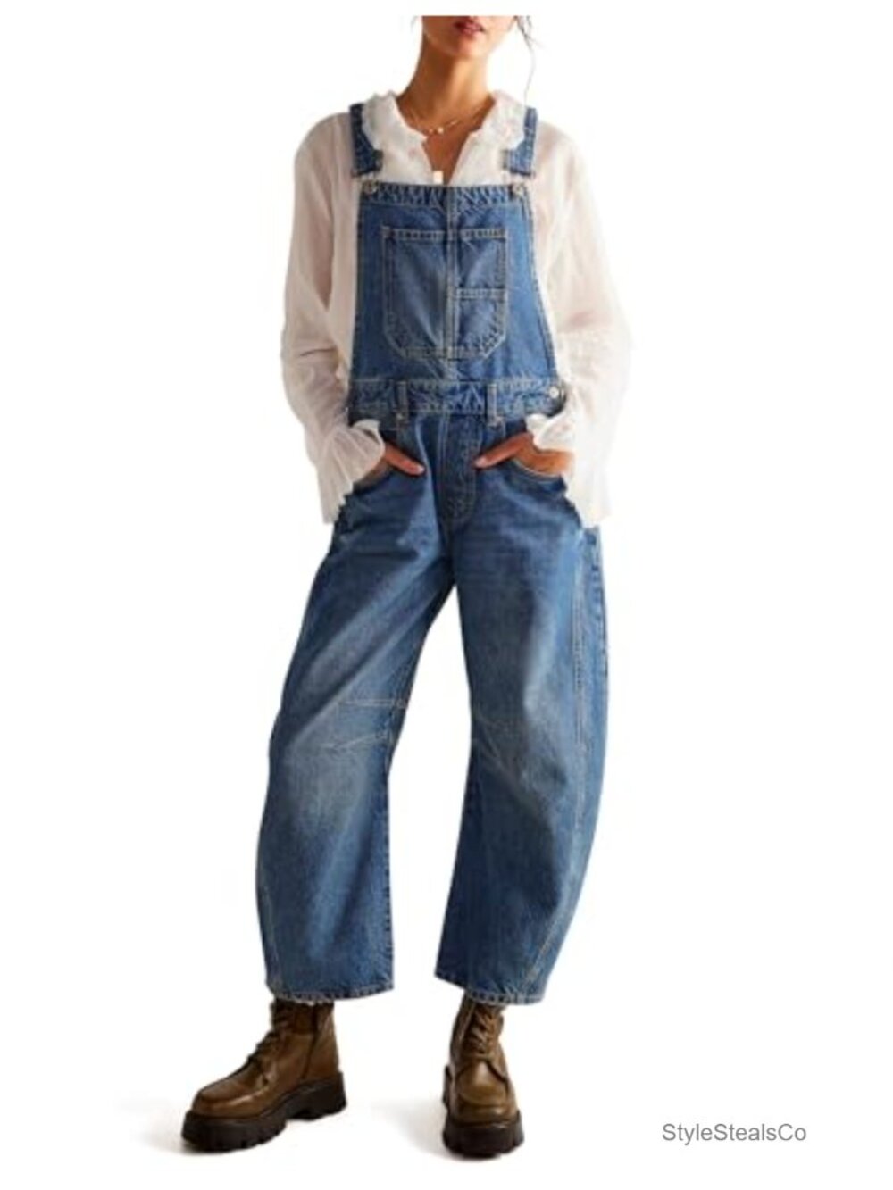 Women's Barrel Leg Denim Overalls Adjustable Straps Baggy Bib Jeans Stretch